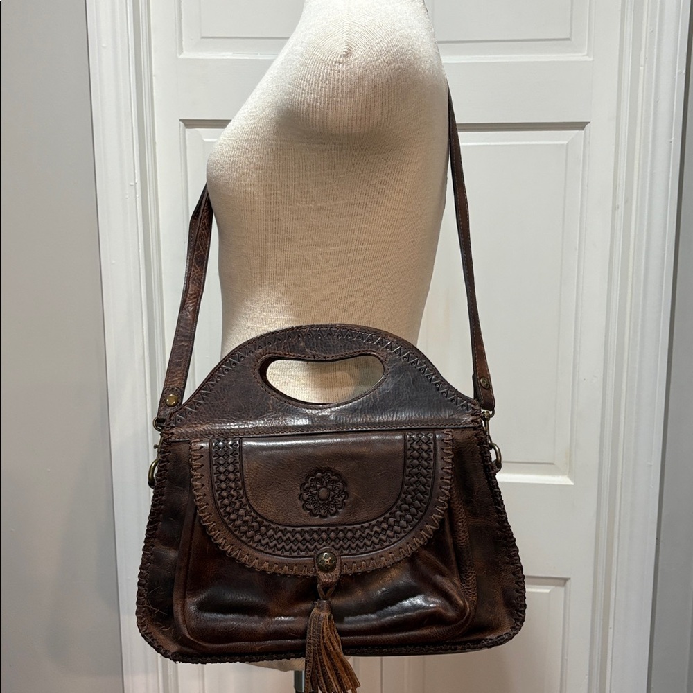 Patricia Nash brown tooled leather western purse with tassel